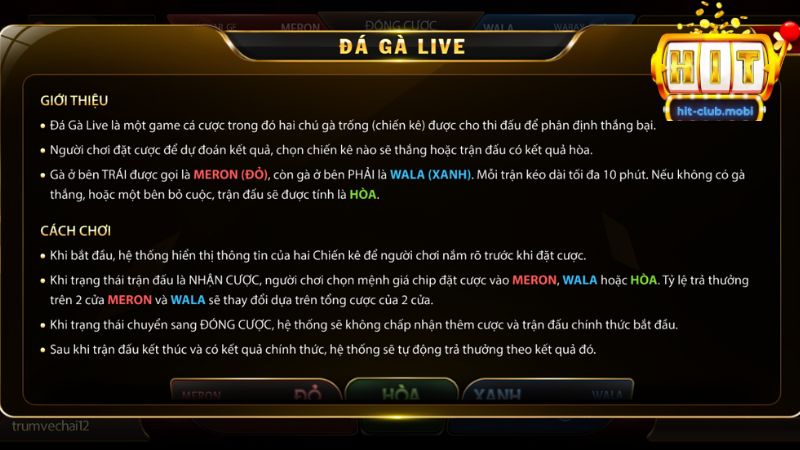 Luật chơi đã gà trực tiếp tại Hitclub chi tiết